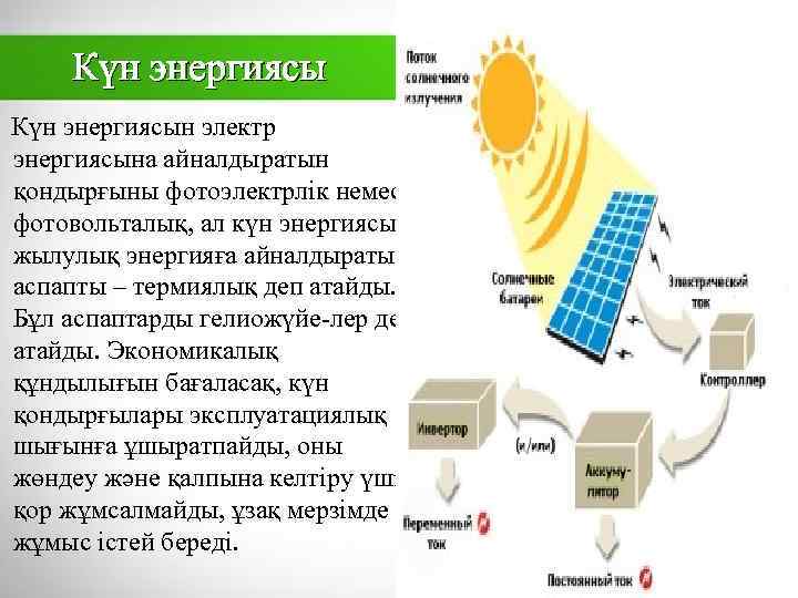 Күн энергиясы Күн энергиясын электр энергиясына айналдыратын қондырғыны фотоэлектрлік немесе фотовольталық, ал күн энергиясын