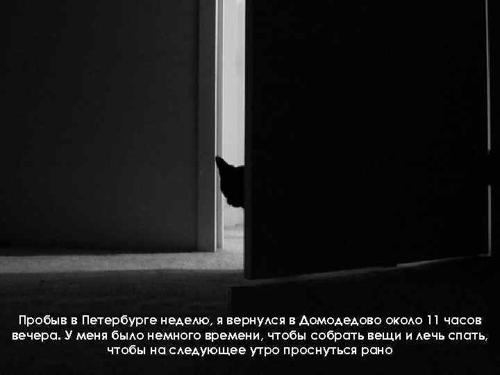 Пробыв в Петербурге неделю, я вернулся в Домодедово около 11 часов вечера. У меня