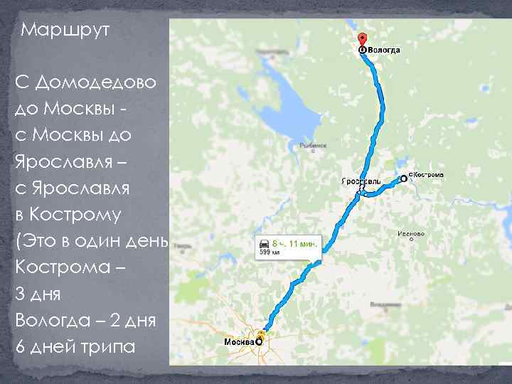 Маршрут С Домодедово до Москвы с Москвы до Ярославля – с Ярославля в Кострому