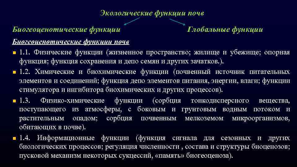 Экологические функции почв Биогеоценотические функции Глобальные функции Биогеоценотические функции почв n 1. 1. Физические