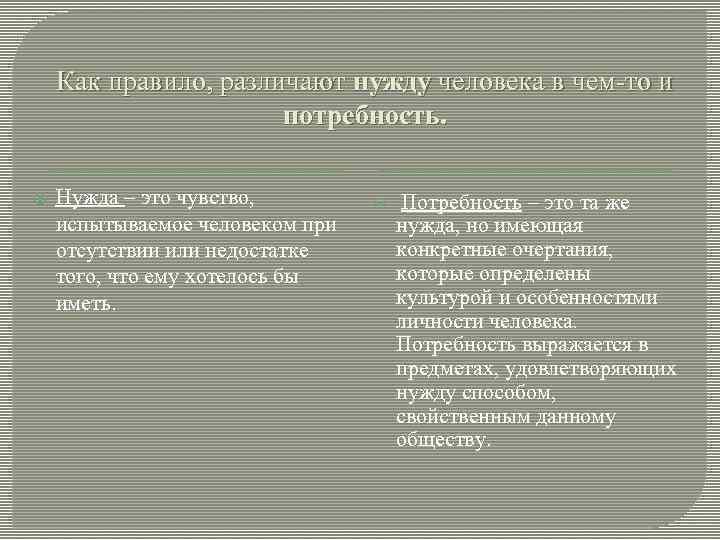 Как правило, различают нужду человека в чем-то и потребность. Нужда – это чувство, испытываемое