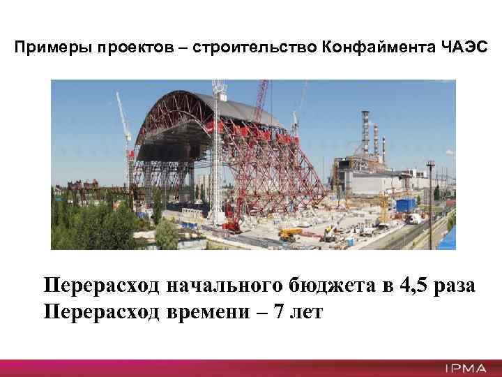 Примеры проектов – строительство Конфаймента ЧАЭС Перерасход начального бюджета в 4, 5 раза Перерасход