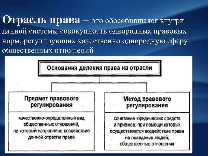 Отрасль права – это обособившаяся внутри данной системы совокупность однородных правовых норм, регулирующих качественно