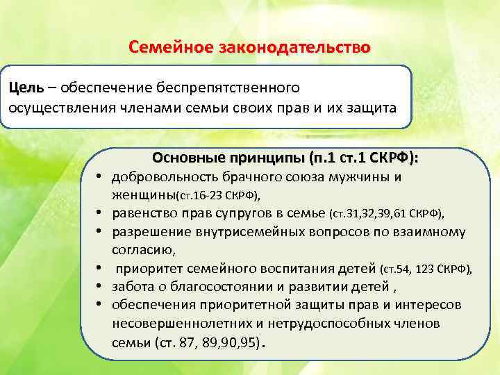 Семейное законодательство Цель – обеспечение беспрепятственного Цель осуществления членами семьи своих прав и их