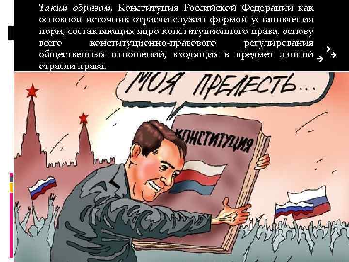 Таким образом, Конституция Российской Федерации как основной источник отрасли служит формой установления норм, составляющих