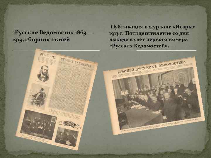  «Русские Ведомости» 1863 — 1913, сборник статей Публикация в журнале «Искры» 1913 г.
