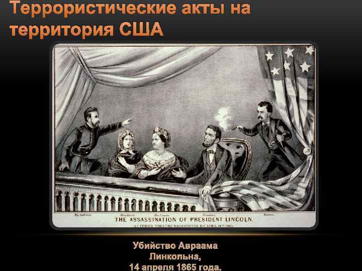 Террористические акты на территория США Убийство Авраама Линкольна, 14 апреля 1865 года. 