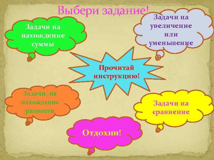 Выбери задание! Задачи на увеличение или уменьшение Задачи на нахождение суммы Прочитай инструкцию! Задачи