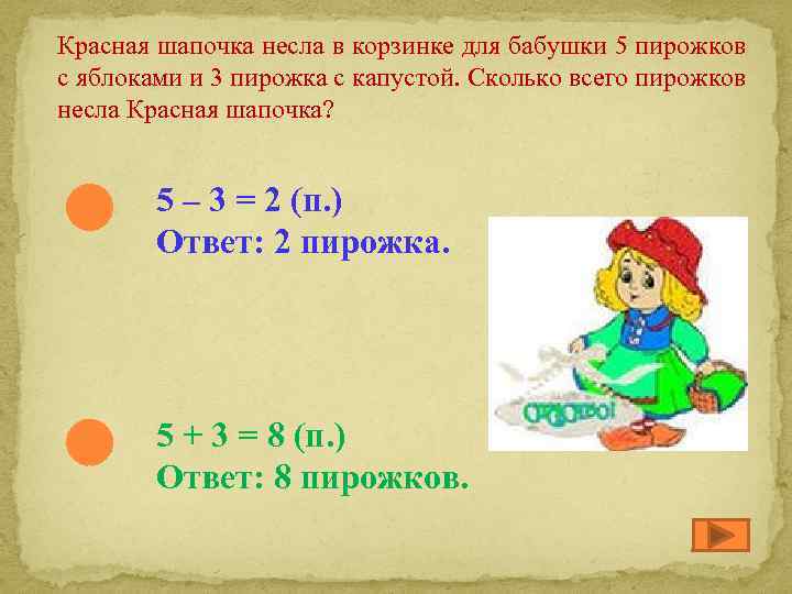 Красная шапочка несла в корзинке для бабушки 5 пирожков с яблоками и 3 пирожка