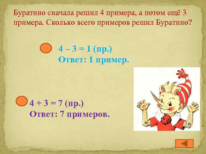 Буратино сначала решил 4 примера, а потом ещё 3 примера. Сколько всего примеров решил