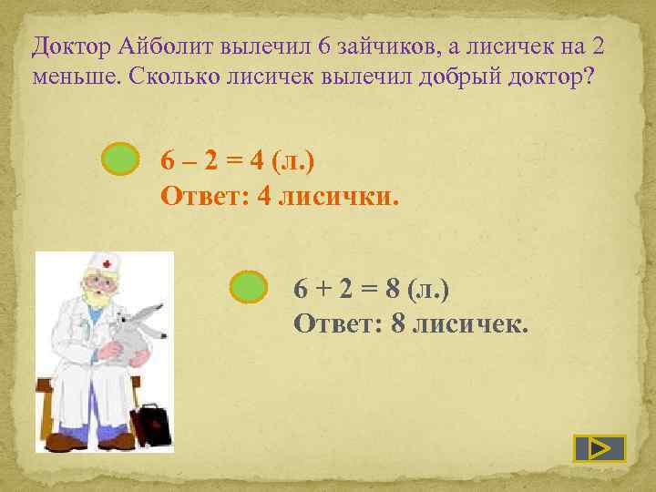 Доктор Айболит вылечил 6 зайчиков, а лисичек на 2 меньше. Сколько лисичек вылечил добрый