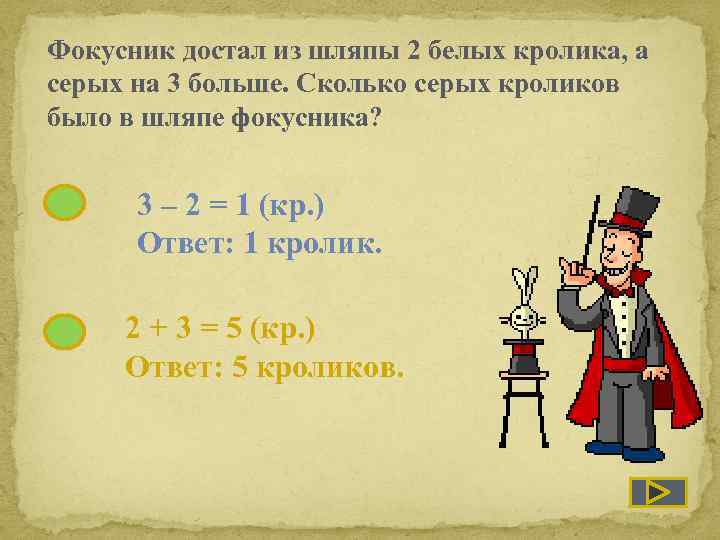 Фокусник достал из шляпы 2 белых кролика, а серых на 3 больше. Сколько серых