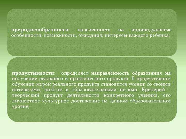 природосообразности: нацеленность на индивидуальные особенности, возможности, ожидания, интересы каждого ребенка; продуктивности: определяет направленность образования