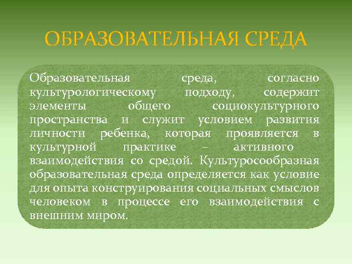 ОБРАЗОВАТЕЛЬНАЯ СРЕДА Образовательная среда, согласно культурологическому подходу, содержит элементы общего социокультурного пространства и служит