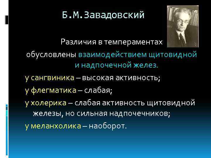 Б. М. Завадовский Различия в темпераментах обусловлены взаимодействием щитовидной и надпочечной желез. у сангвиника