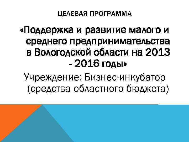 ЦЕЛЕВАЯ ПРОГРАММА «Поддержка и развитие малого и среднего предпринимательства в Вологодской области на 2013