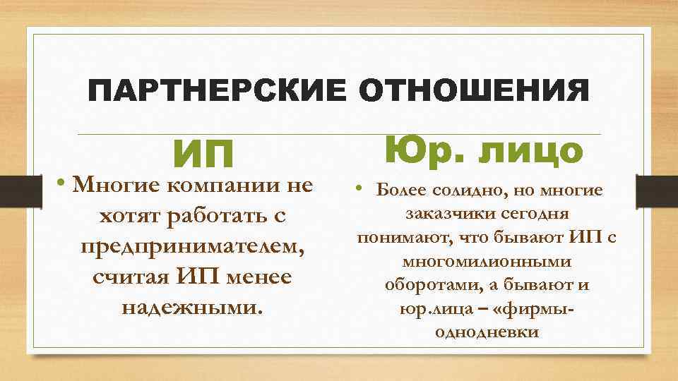 ПАРТНЕРСКИЕ ОТНОШЕНИЯ ИП • Многие компании не хотят работать с предпринимателем, считая ИП менее