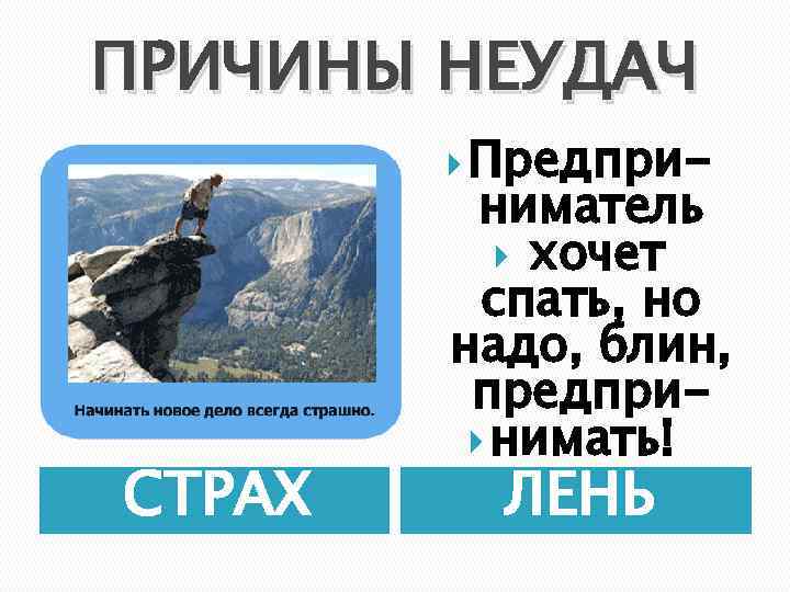 ПРИЧИНЫ НЕУДАЧ Предпри- СТРАХ ниматель хочет спать, но надо, блин, предпри нимать! ЛЕНЬ 