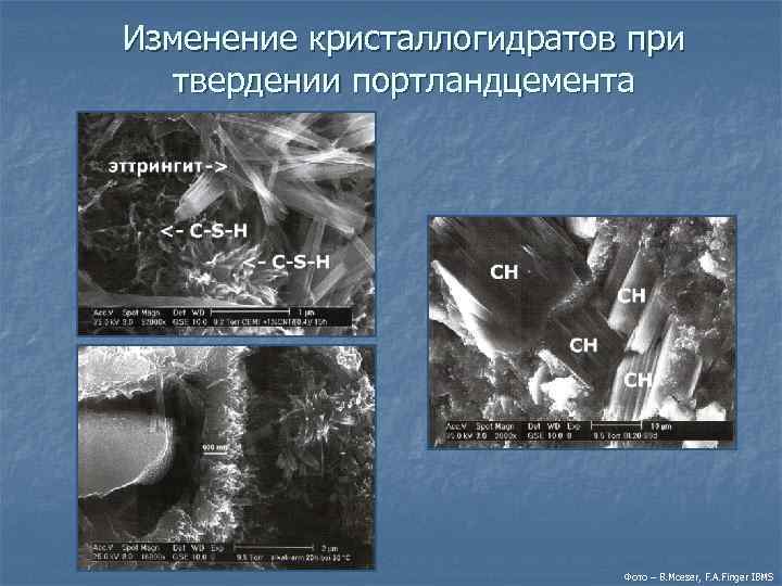 Изменение кристаллогидратов при твердении портландцемента Фото – B. Moeser, F. A. Finger IBMS 