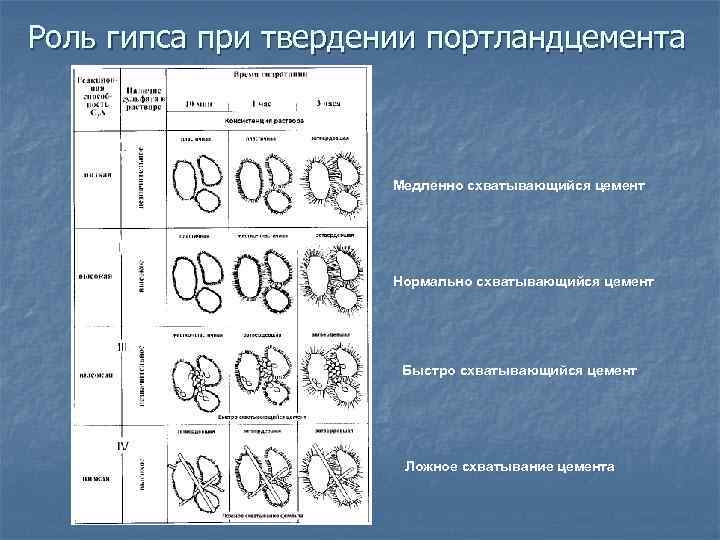 Роль гипса при твердении портландцемента Медленно схватывающийся цемент Нормально схватывающийся цемент Быстро схватывающийся цемент