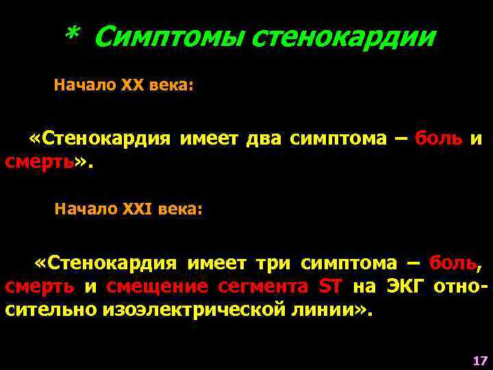 * Симптомы стенокардии Начало XX века: «Стенокардия имеет два симптома – боль и смерть»