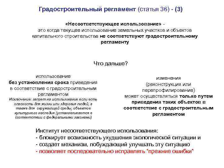 Градостроительный регламент (статья 36) - (3) «Несоответствующее использование» - это когда текущее использование земельных