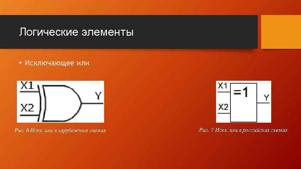 Логические элементы • Исключающее или Рис. 6 Искл. или в зарубежных схемах Рис. 7