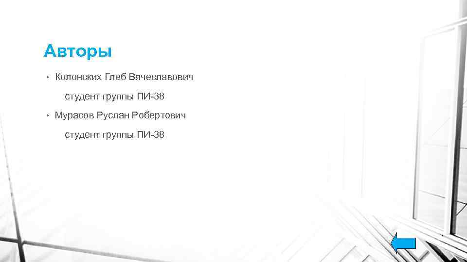 Авторы • Колонских Глеб Вячеславович студент группы ПИ-38 • Мурасов Руслан Робертович студент группы