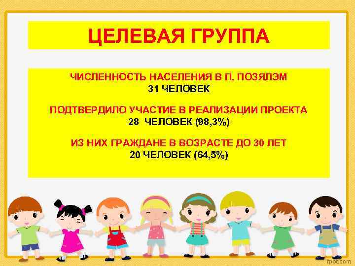 ЦЕЛЕВАЯ ГРУППА ЧИСЛЕННОСТЬ НАСЕЛЕНИЯ В П. ПОЗЯЛЭМ 31 ЧЕЛОВЕК ПОДТВЕРДИЛО УЧАСТИЕ В РЕАЛИЗАЦИИ ПРОЕКТА