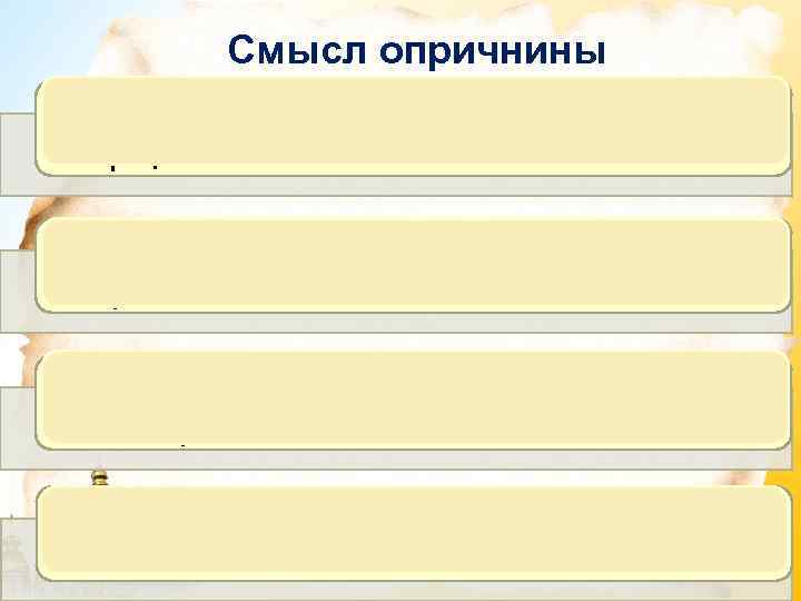 Смысл опричнины Введен режим диктатуры и террора: физическое уничтожение последнего удельного князя А. Старицкого