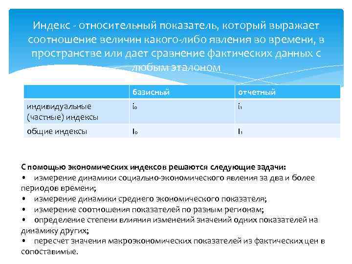 Индекс - относительный показатель, который выражает соотношение величин какого-либо явления во времени, в пространстве