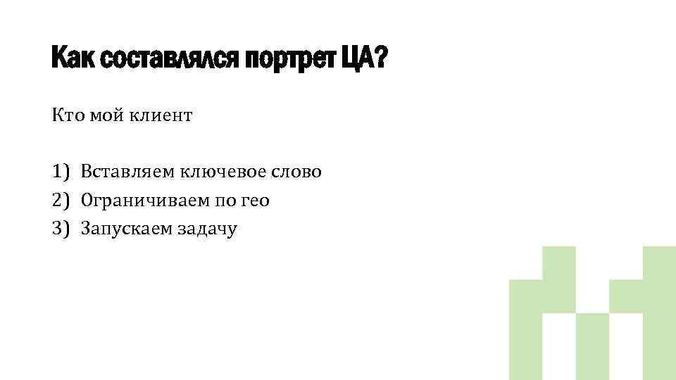 Как составлялся портрет ЦА? Кто мой клиент 1) Вставляем ключевое слово 2) Ограничиваем по