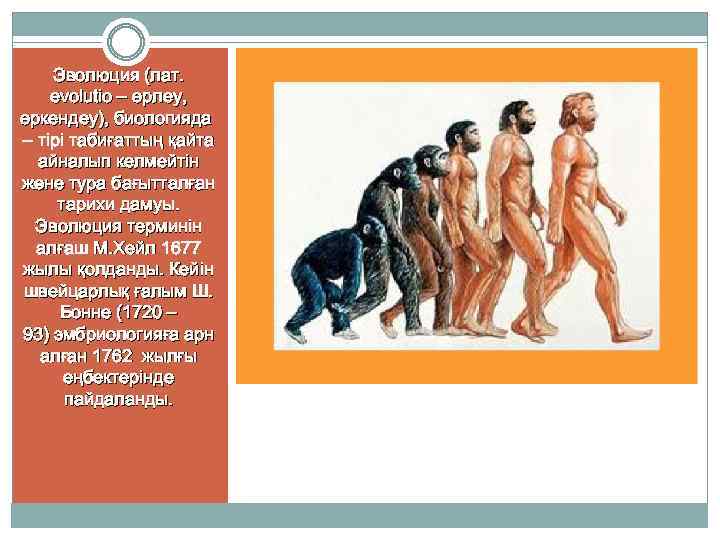 Эволюция (лат. evolutіo – өрлеу, өркендеу), биологияда – тірі табиғаттың қайта айналып келмейтін және