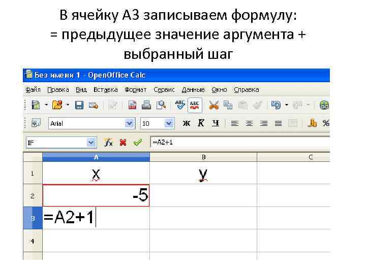 В ячейку А 3 записываем формулу: = предыдущее значение аргумента + выбранный шаг 