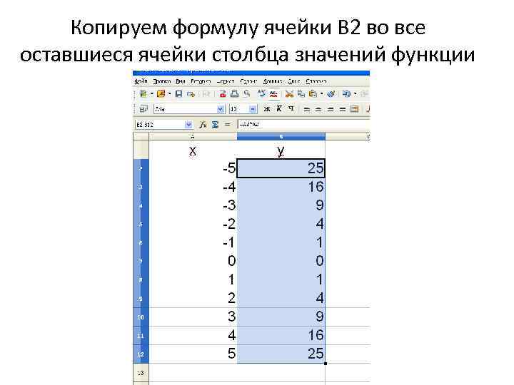 Копируем формулу ячейки В 2 во все оставшиеся ячейки столбца значений функции 