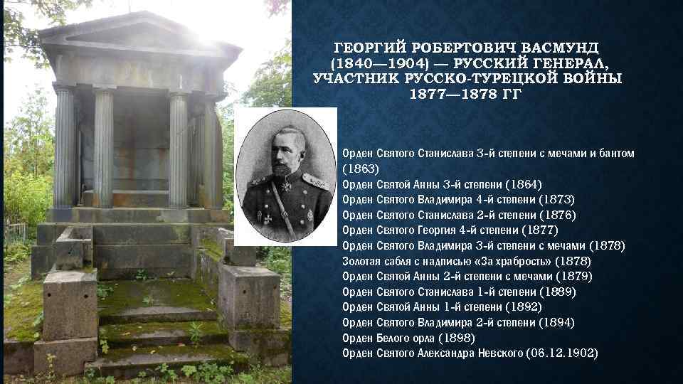 ГЕОРГИЙ РОБЕРТОВИЧ ВАСМУНД (1840— 1904) — РУССКИЙ ГЕНЕРАЛ, УЧАСТНИК РУССКО-ТУРЕЦКОЙ ВОЙНЫ 1877— 1878 ГГ