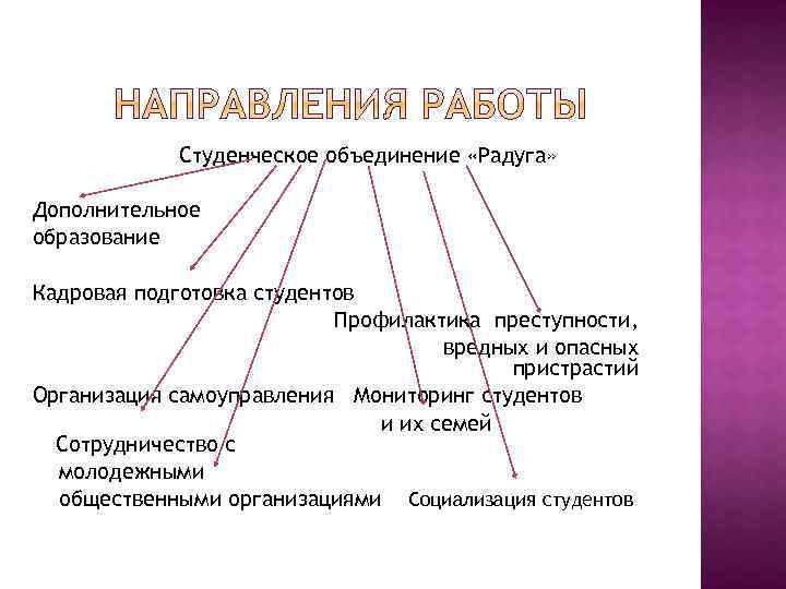 Студенческое объединение «Радуга» Дополнительное образование Кадровая подготовка студентов Профилактика преступности, вредных и опасных пристрастий