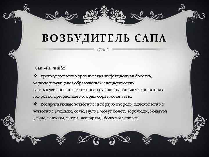 ВОЗБУДИТЕЛЬ САПА Сап –Ps. mallei v преимущественно хроническая инфекционная болезнь, характеризующаяся образованием специфических сапных