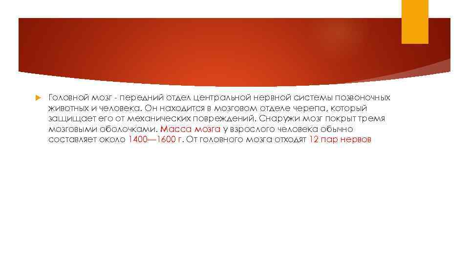  Головной мозг - передний отдел центральной нервной системы позвоночных животных и человека. Он
