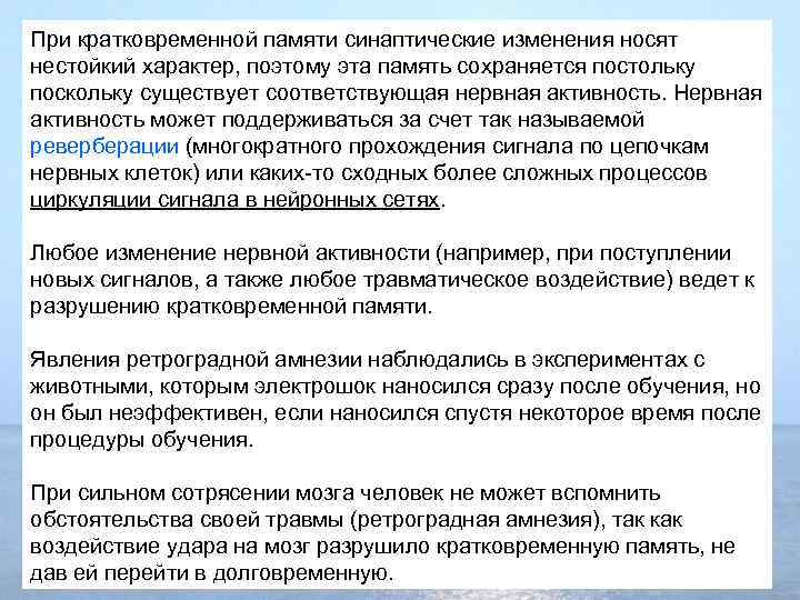 При кратковременной памяти синаптические изменения носят нестойкий характер, поэтому эта память сохраняется постольку поскольку