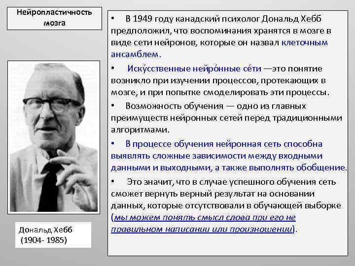 Нейропластичность мозга Дональд Хебб (1904 - 1985) • В 1949 году канадский психолог Дональд