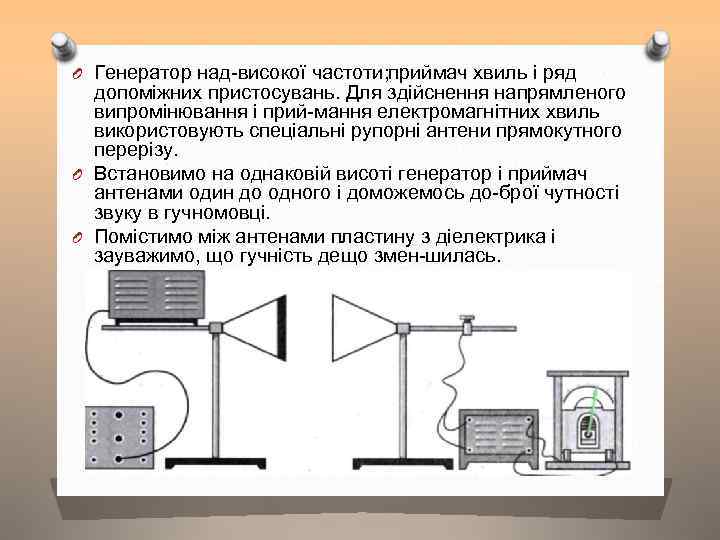 O Генератор над високої частоти; риймач хвиль і ряд п допоміжних пристосувань. Для здійснення