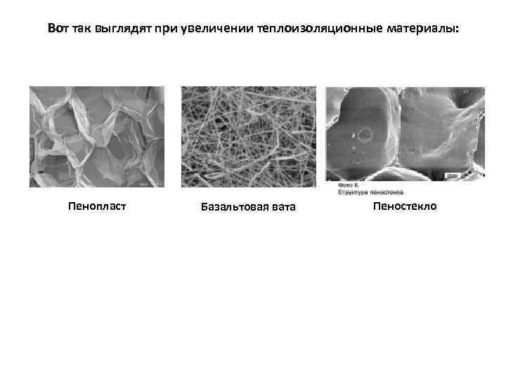 Вот так выглядят при увеличении теплоизоляционные материалы: Пенопласт Базальтовая вата Пеностекло 