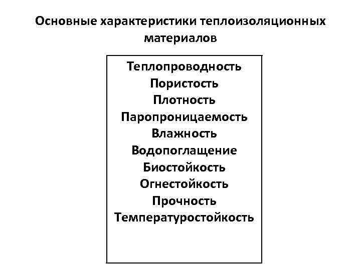 Основные характеристики теплоизоляционных материалов Теплопроводность Пористость Плотность Паропроницаемость Влажность Водопоглащение Биостойкость Огнестойкость Прочность Температуростойкость