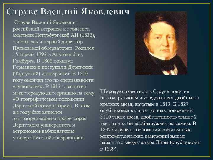 Струве Василий Яковлевич - российский астроном и геодезист, академик Петербургской АН (1832), основатель и