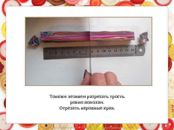 Тонким лезвием разрезать трость ровно пополам. Отрезать неровные края. Носкова С. Ю. учитель технологии