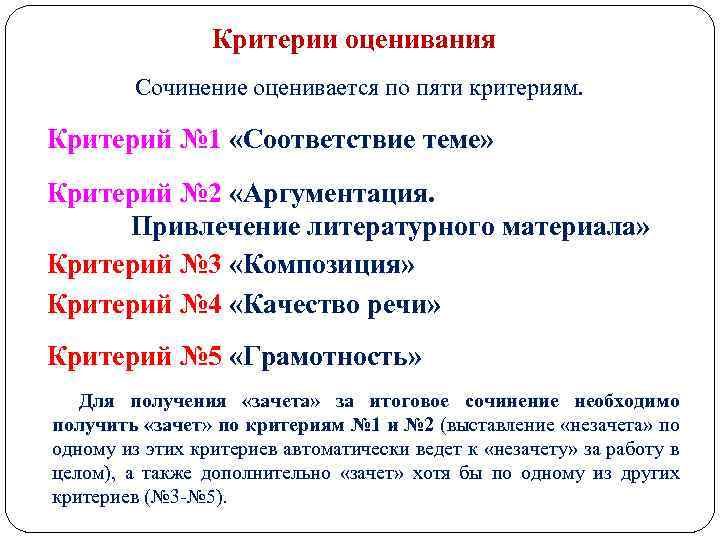 Критерии оценивания Сочинение оценивается по пяти критериям. Критерий № 1 «Соответствие теме» Критерий №