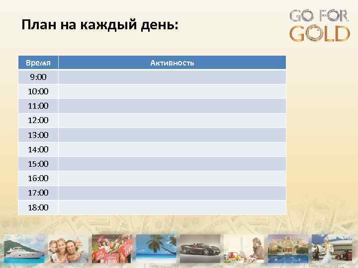 План на каждый день: Время 9: 00 10: 00 11: 00 12: 00 13: