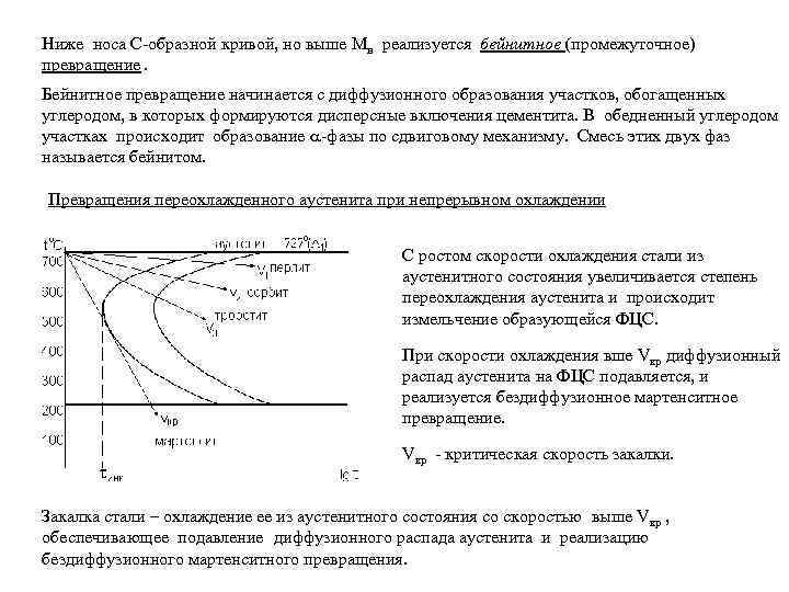 Ниже носа С-образной кривой, но выше Мн реализуется бейнитное (промежуточное) превращение. Бейнитное превращение начинается