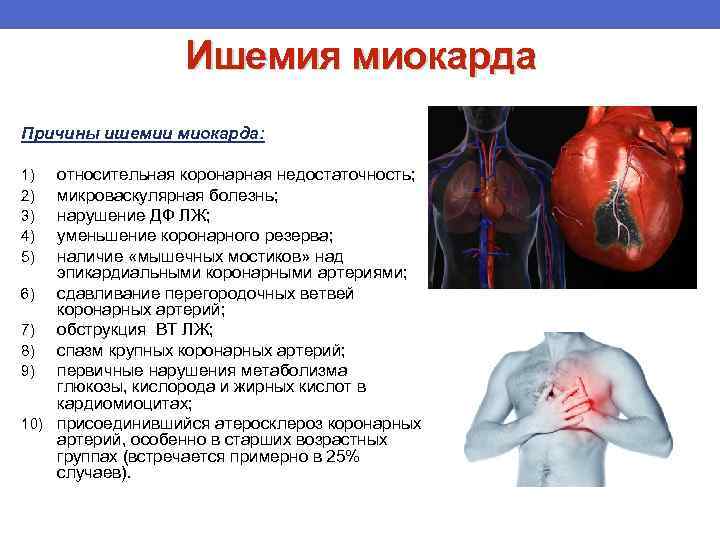 Ишемия миокарда Причины ишемии миокарда: относительная коронарная недостаточность; микроваскулярная болезнь; нарушение ДФ ЛЖ; уменьшение